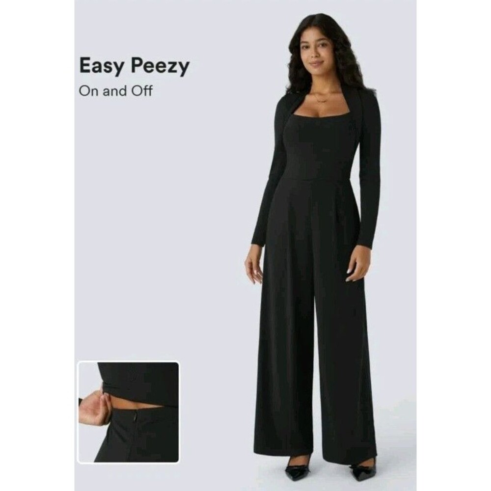 Halara Women's L Green Long Sleeve Wide Leg Side Pocket Easy Peezy Jumpsuit - Picture 6 of 7